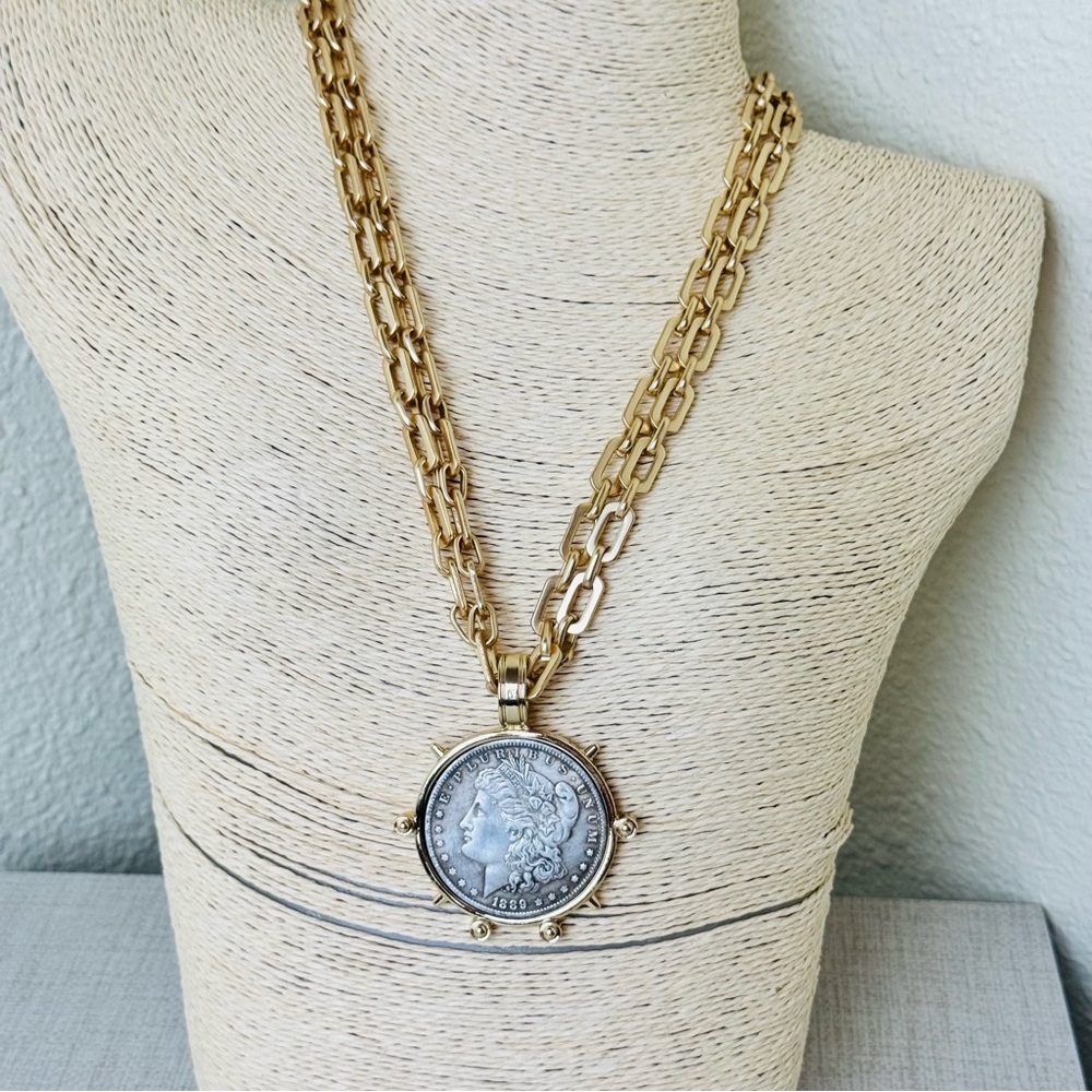 Reproduction Coin Pendant Matte Gold Tone Chain Necklace